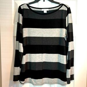 🖤LIZ CLAIBORNE STRIPED JERSEY KNIT TOP - Black/Gray in Size XL